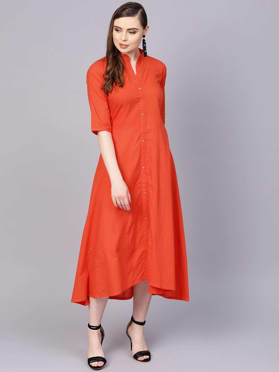 Women's Solid Orange Maxi Dress With Madarin Collar & 3/4 Sleeves
