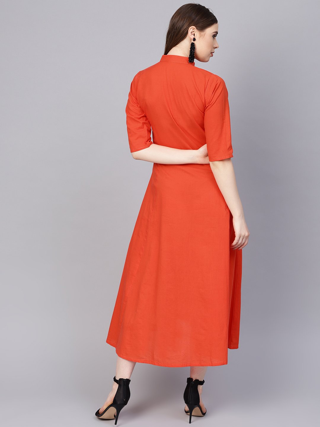 Women's Solid Orange Maxi Dress With Madarin Collar & 3/4 Sleeves