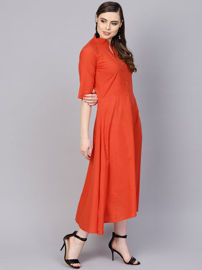 Women's Solid Orange Maxi Dress With Madarin Collar & 3/4 Sleeves