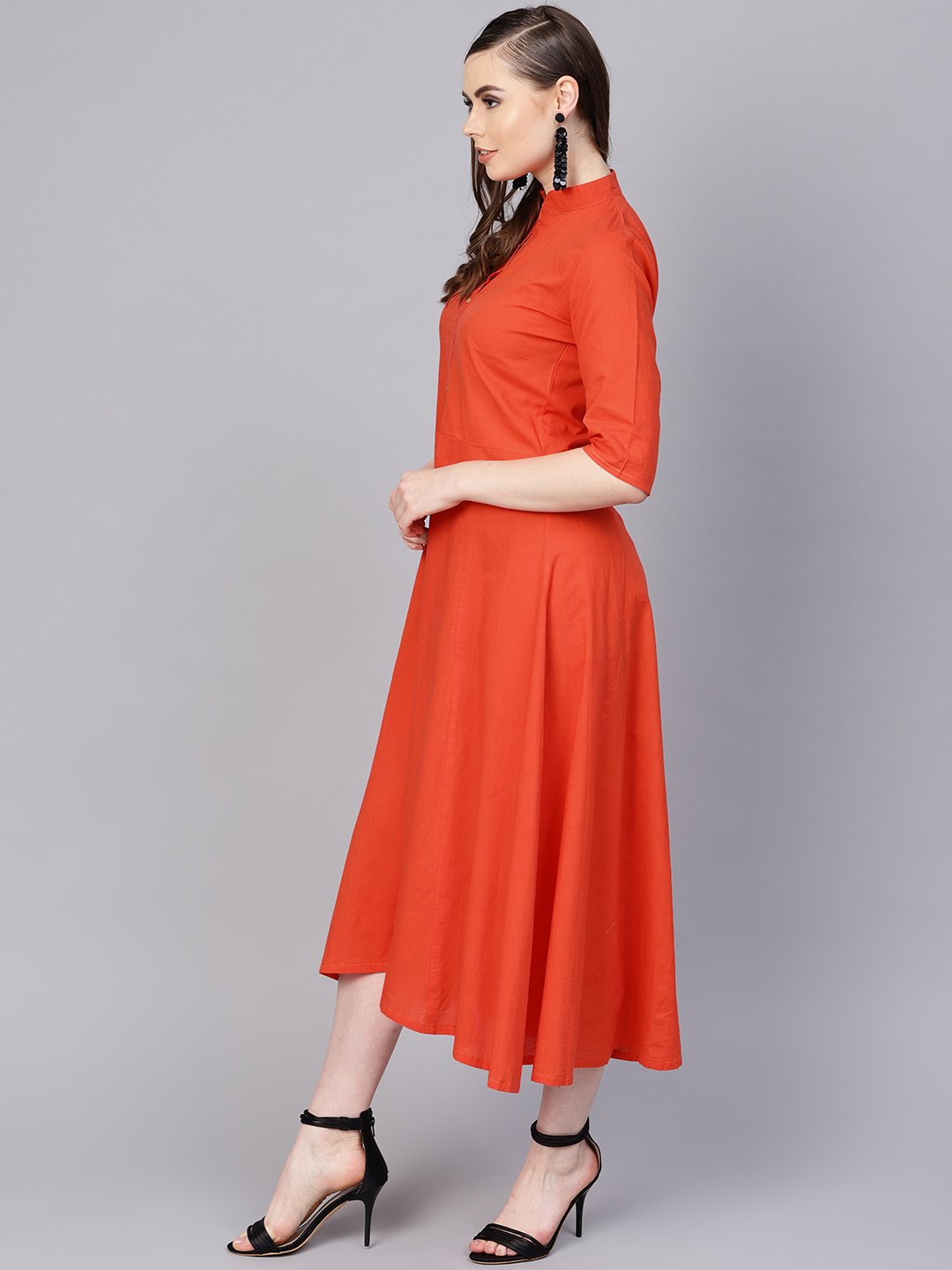 Women's Solid Orange Maxi Dress With Madarin Collar & 3/4 Sleeves