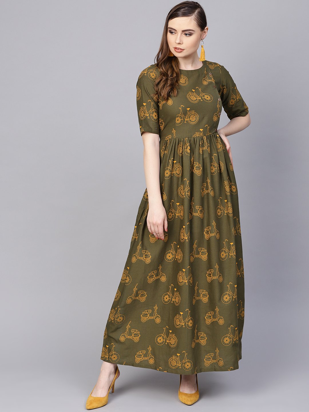 Women's Military Green Printed Maxi Dress With Side Shoulder Placket With Half Sleeves