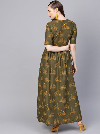 Women's Military Green Printed Maxi Dress With Side Shoulder Placket With Half Sleeves