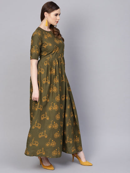 Women's Military Green Printed Maxi Dress With Side Shoulder Placket With Half Sleeves
