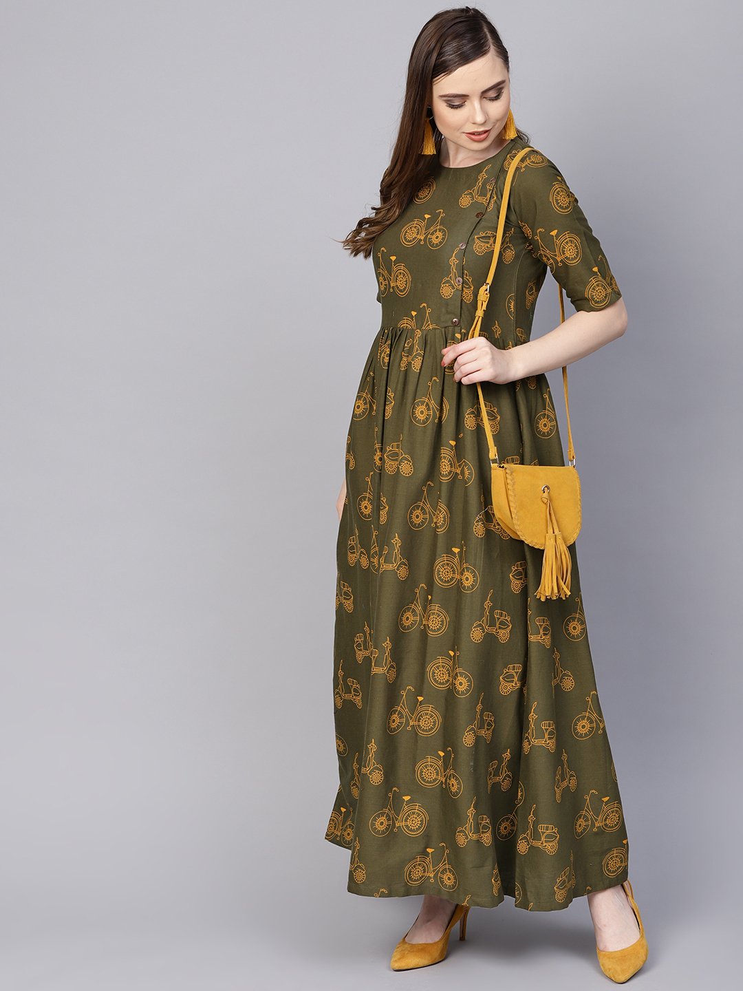 Women's Military Green Printed Maxi Dress With Side Shoulder Placket With Half Sleeves