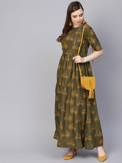 Women's Military Green Printed Maxi Dress With Side Shoulder Placket With Half Sleeves