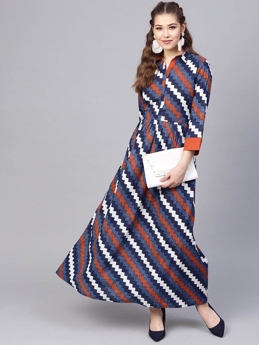 Women's Indigo Blue Geometric Maxi Dress With Shirt Collar & 3/4 Sleeves