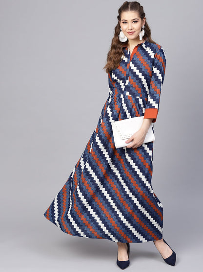 Women's Indigo Blue Geometric Maxi Dress With Shirt Collar & 3/4 Sleeves