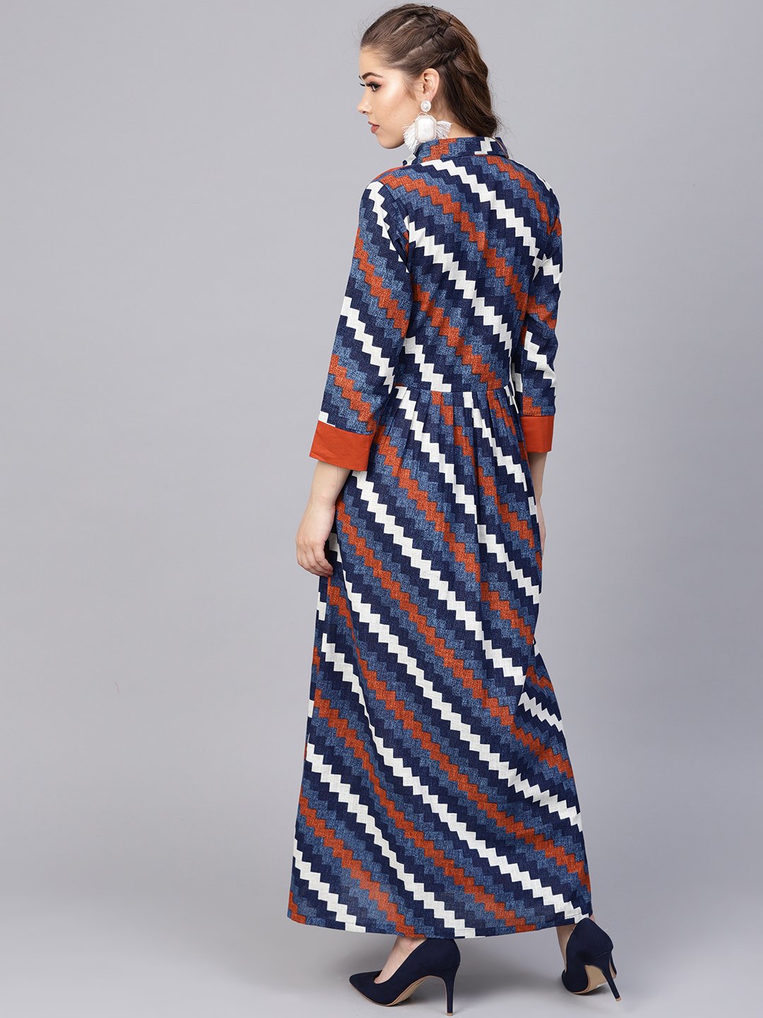 Women's Indigo Blue Geometric Maxi Dress With Shirt Collar & 3/4 Sleeves