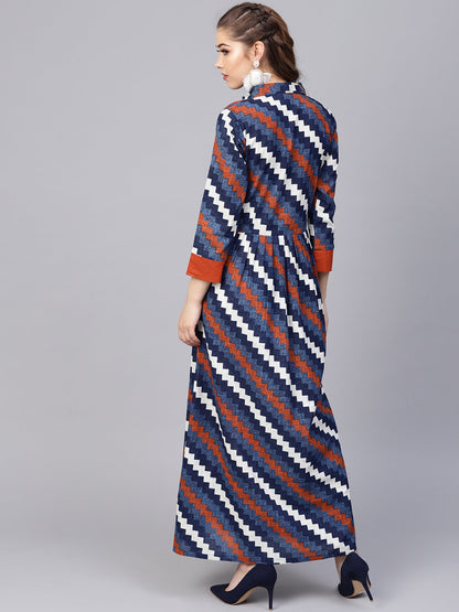Women's Indigo Blue Geometric Maxi Dress With Shirt Collar & 3/4 Sleeves