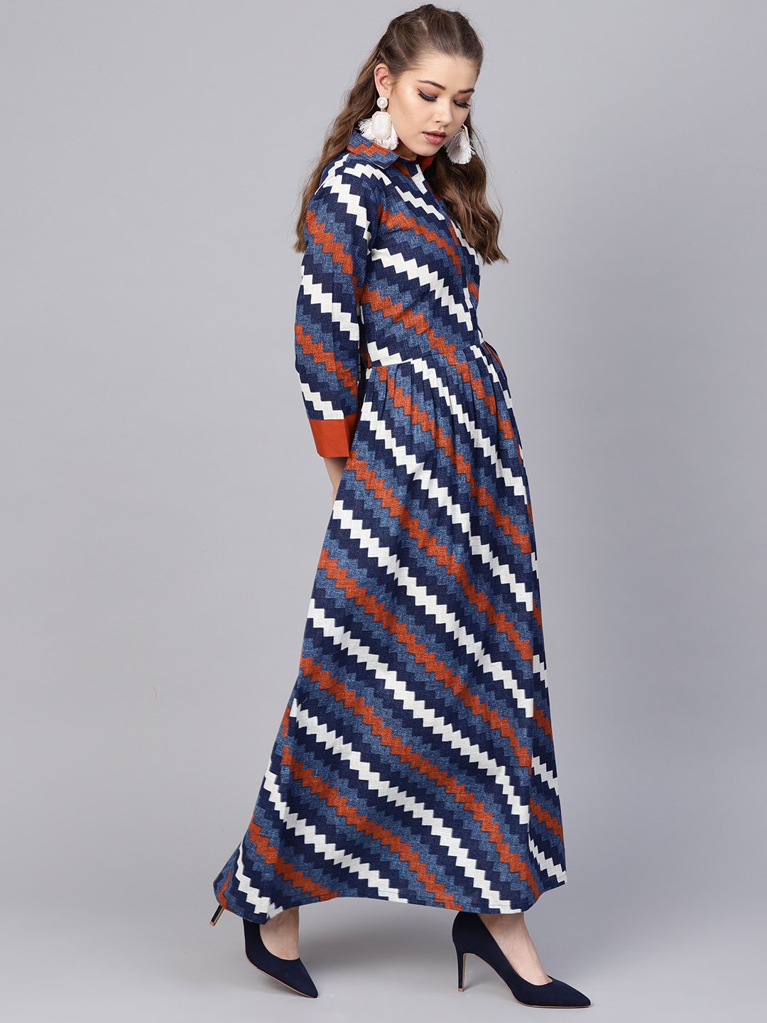 Women's Indigo Blue Geometric Maxi Dress With Shirt Collar & 3/4 Sleeves