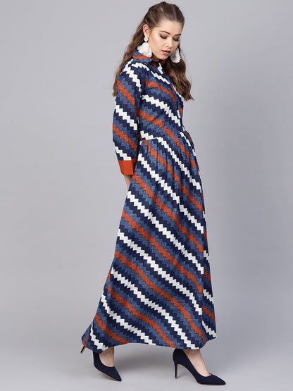 Women's Indigo Blue Geometric Maxi Dress With Shirt Collar & 3/4 Sleeves