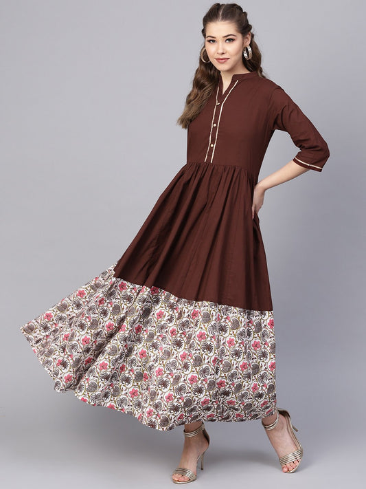 Women's Dark Brown Maxi Dress  With Printed Border & Front Placket With Madarin Collar