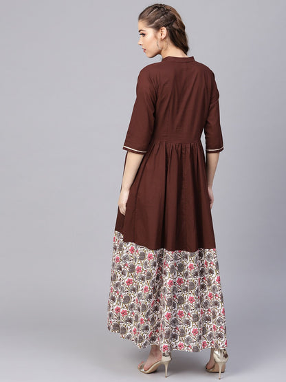 Women's Dark Brown Maxi Dress  With Printed Border & Front Placket With Madarin Collar
