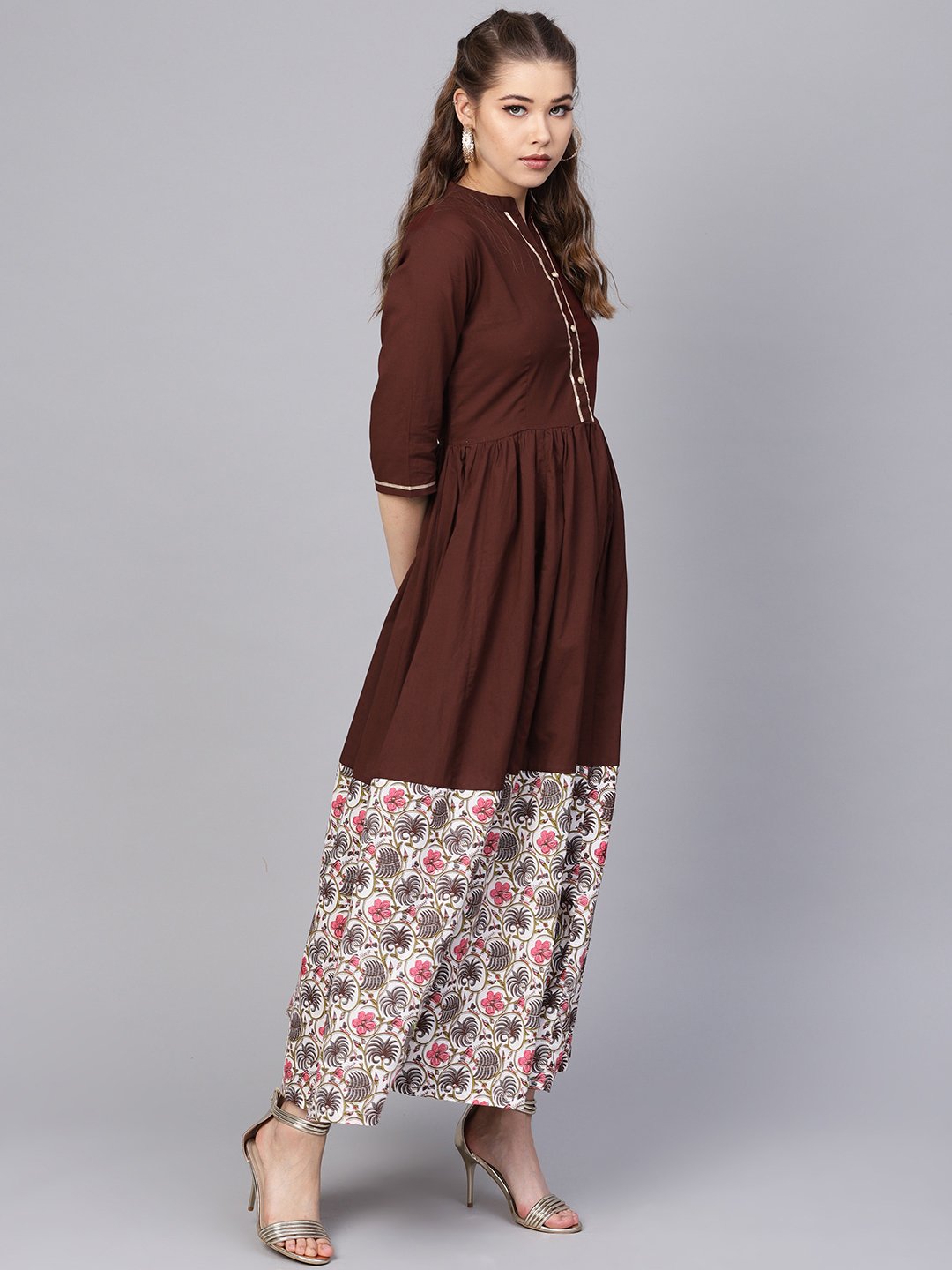 Women's Dark Brown Maxi Dress  With Printed Border & Front Placket With Madarin Collar