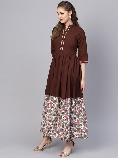 Women's Dark Brown Maxi Dress  With Printed Border & Front Placket With Madarin Collar