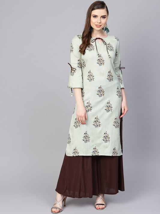 Women's Pista Green Floral Printed Kurta With A Front Keyhole And Flared Sleeves