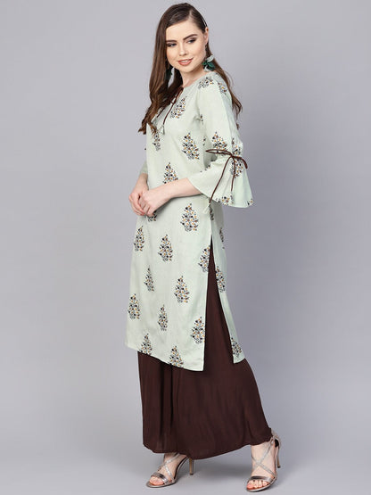 Women's Pista Green Floral Printed Kurta With A Front Keyhole And Flared Sleeves