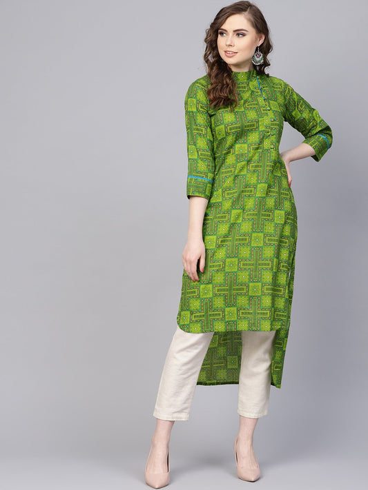 Women's Green Geometric Printed With Closed Collar And Side Placket
