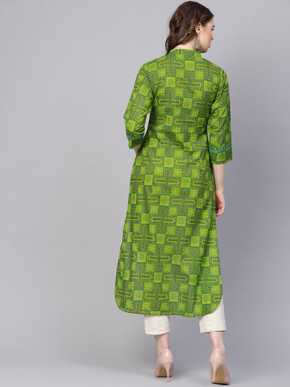 Women's Green Geometric Printed With Closed Collar And Side Placket