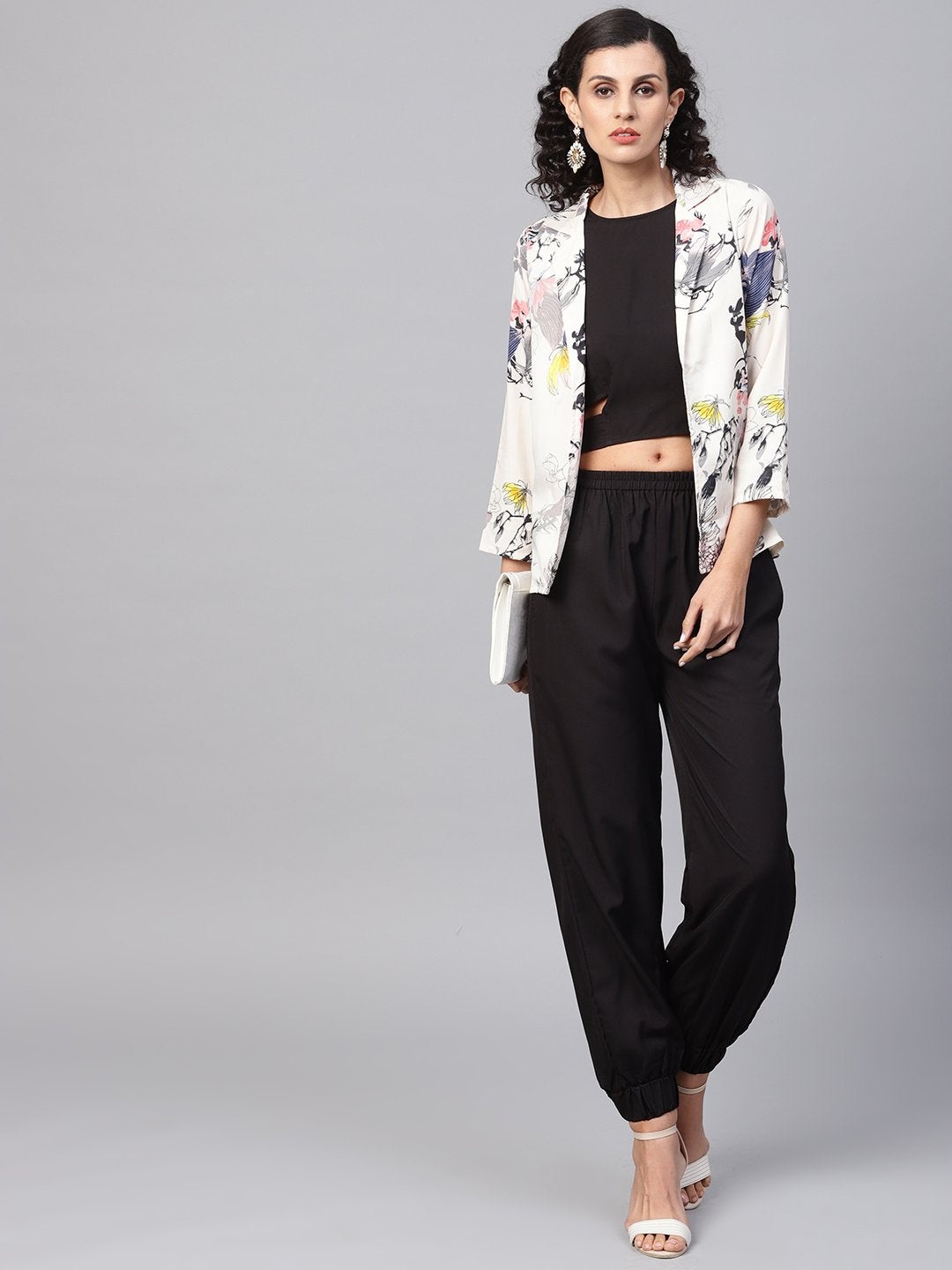 Women's Solid Black Tops And Palazzo With Cream Floral Printed Jacket