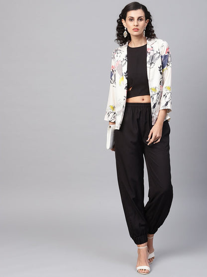 Women's Solid Black Tops And Palazzo With Cream Floral Printed Jacket