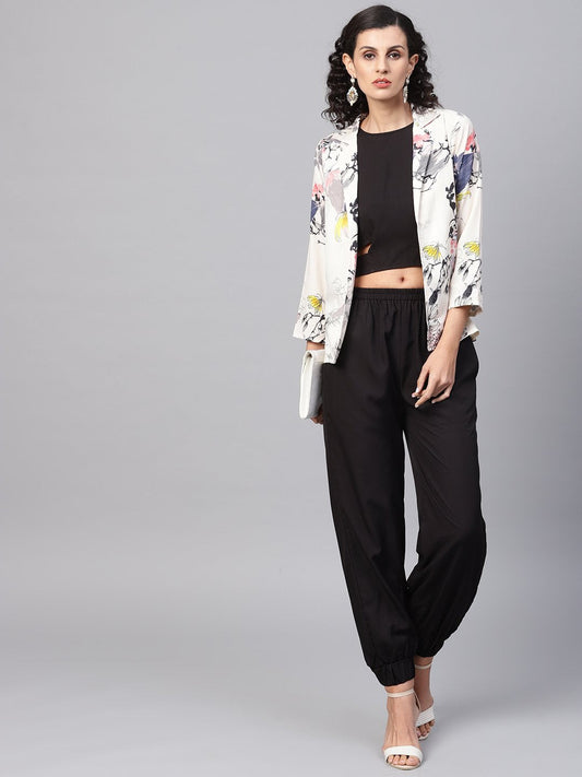 Women's Solid Black Tops And Palazzo With Cream Floral Printed Jacket