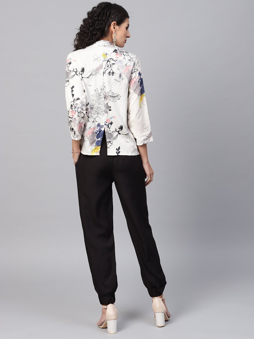 Women's Solid Black Tops And Palazzo With Cream Floral Printed Jacket