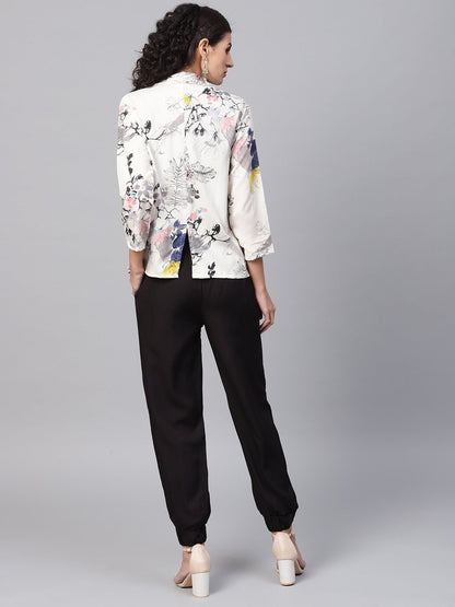 Women's Solid Black Tops And Palazzo With Cream Floral Printed Jacket