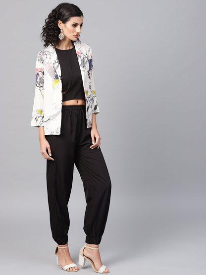 Women's Solid Black Tops And Palazzo With Cream Floral Printed Jacket