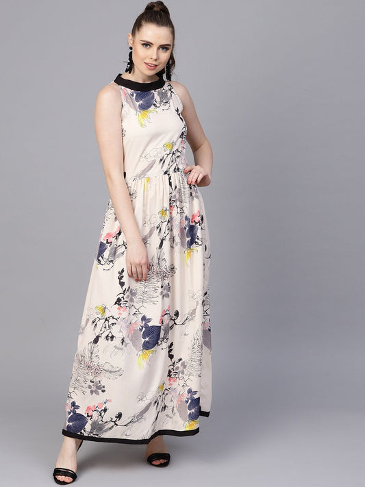 Women's Cream Floral Sleeveless Printed Maxi Dress
