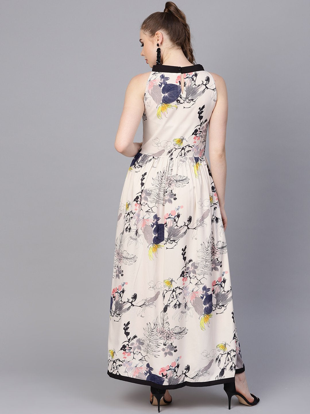 Women's Cream Floral Sleeveless Printed Maxi Dress