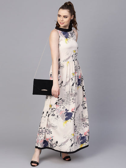 Women's Cream Floral Sleeveless Printed Maxi Dress