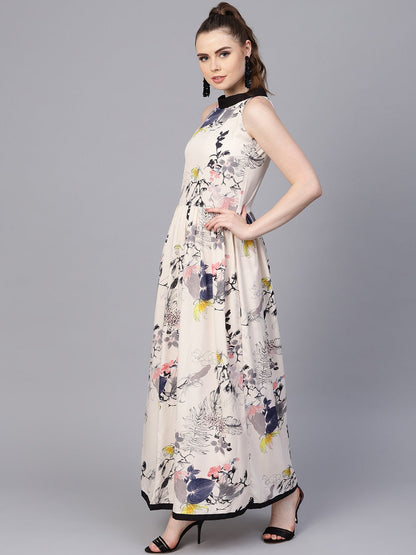 Women's Cream Floral Sleeveless Printed Maxi Dress