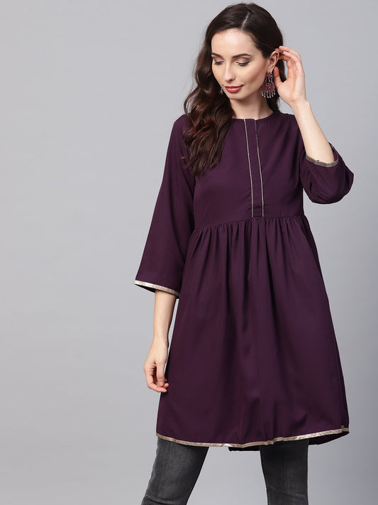 Women's Solid Burgundy Tunic Emblished With Gota & 3/4 Sleeves