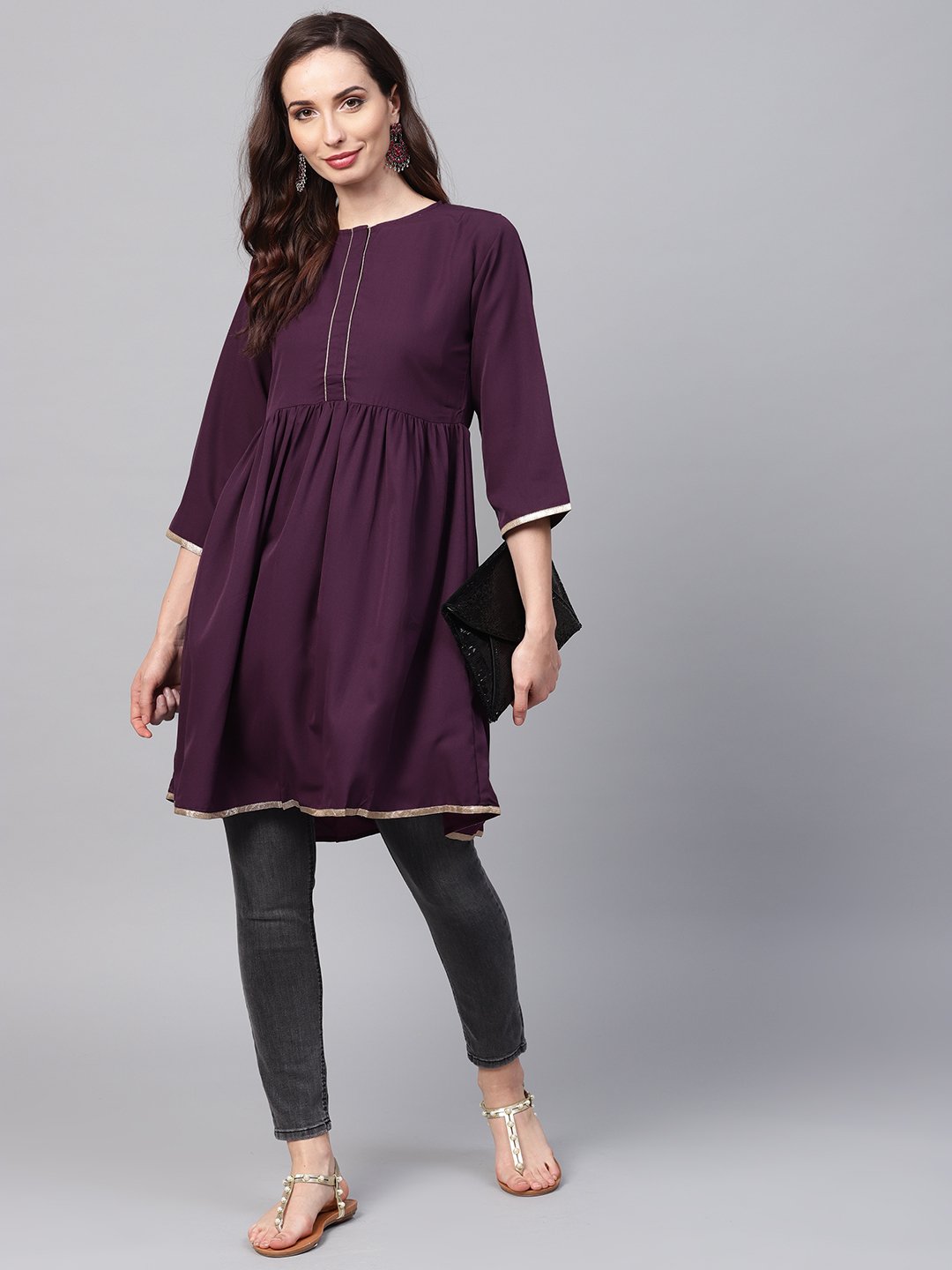 Women's Solid Burgundy Tunic Emblished With Gota & 3/4 Sleeves