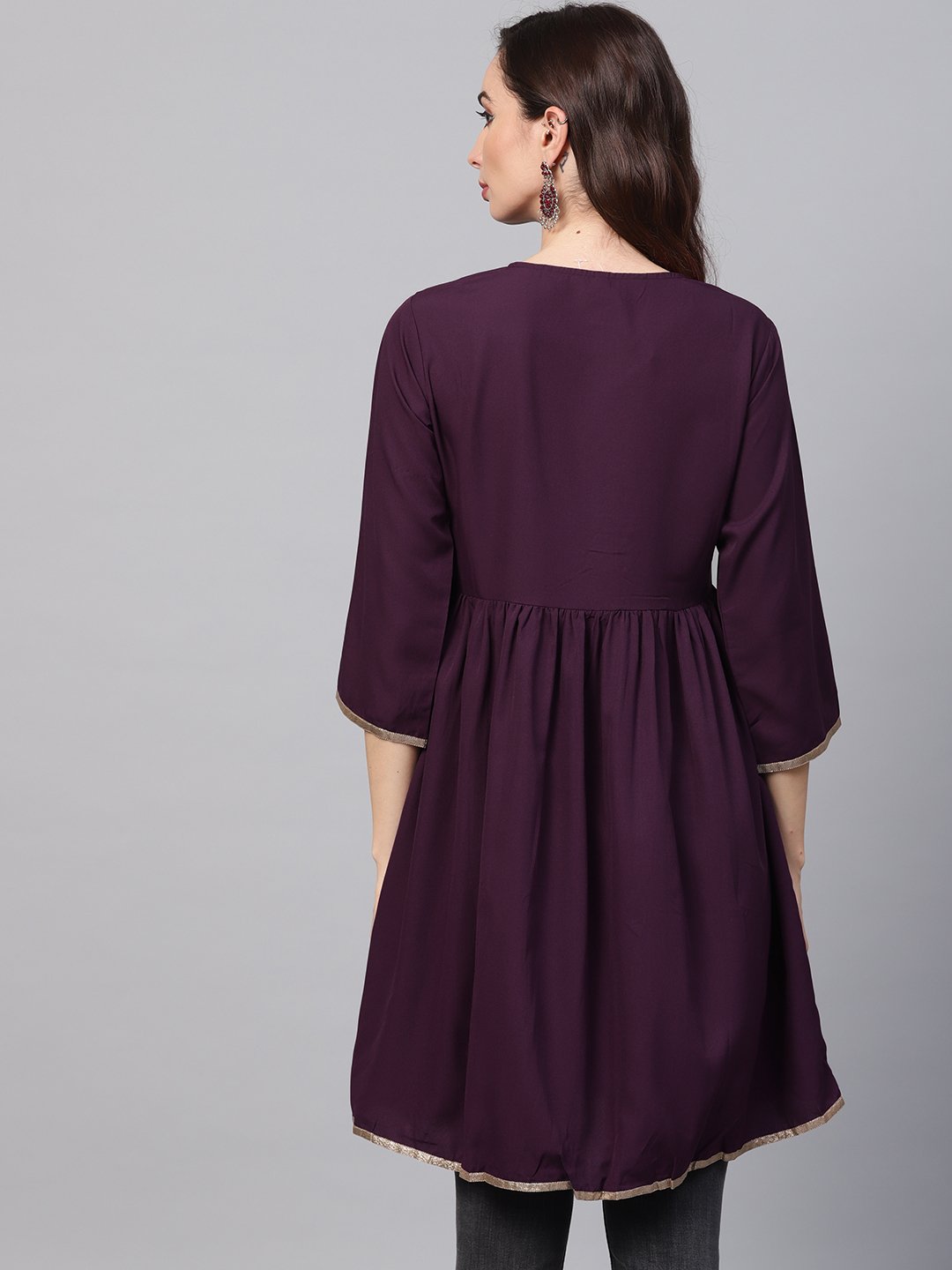 Women's Solid Burgundy Tunic Emblished With Gota & 3/4 Sleeves