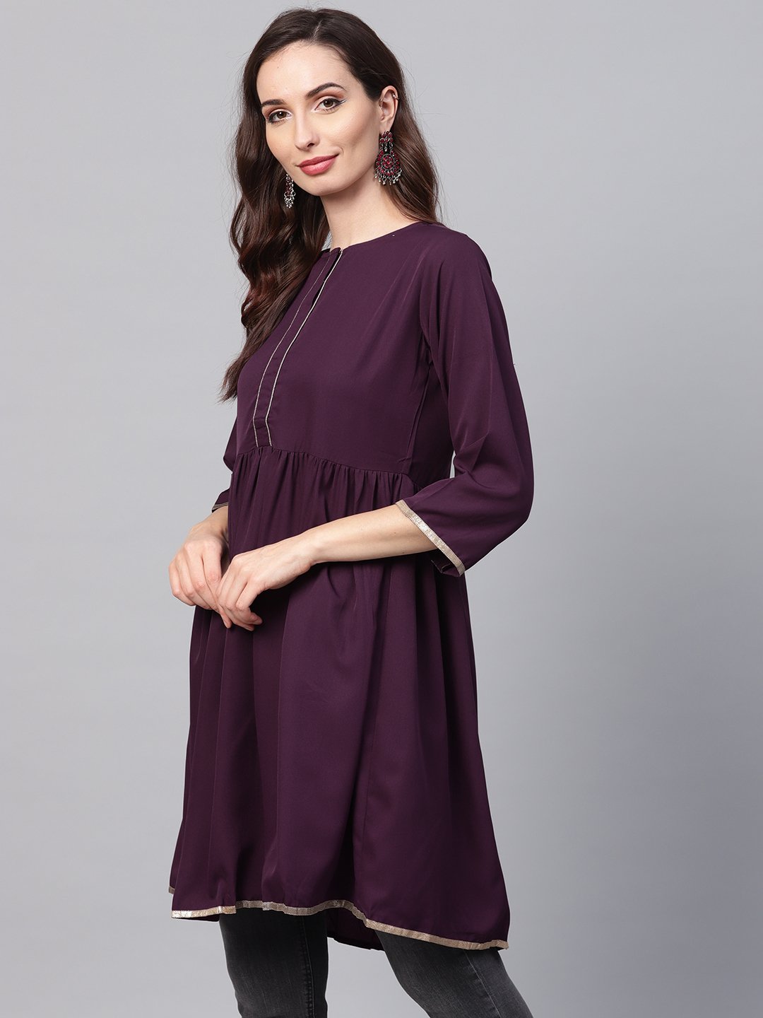 Women's Solid Burgundy Tunic Emblished With Gota & 3/4 Sleeves