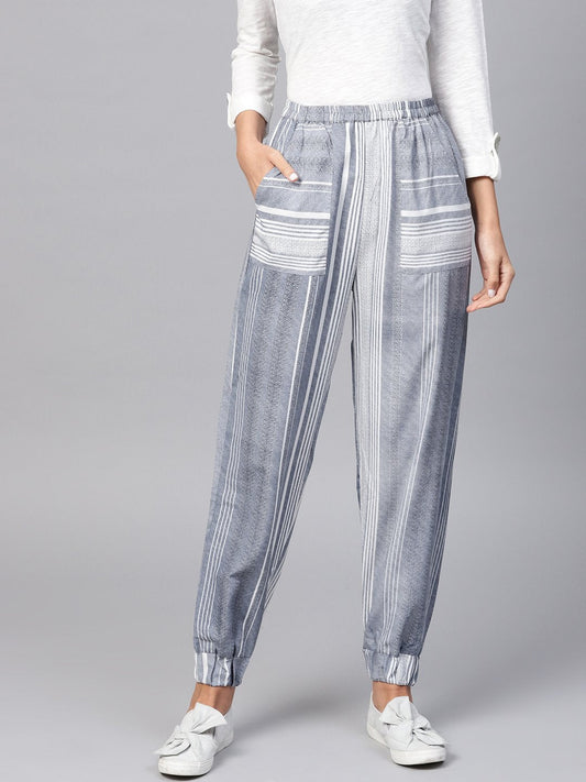 Women's Grey Striped Ankle Length Jogger With Elastic Band