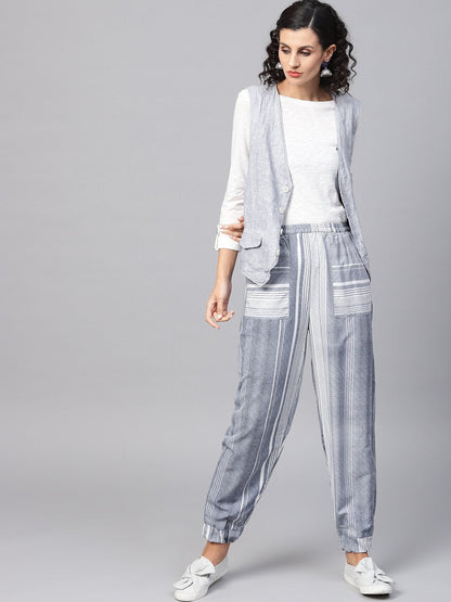 Women's Grey Striped Ankle Length Jogger With Elastic Band