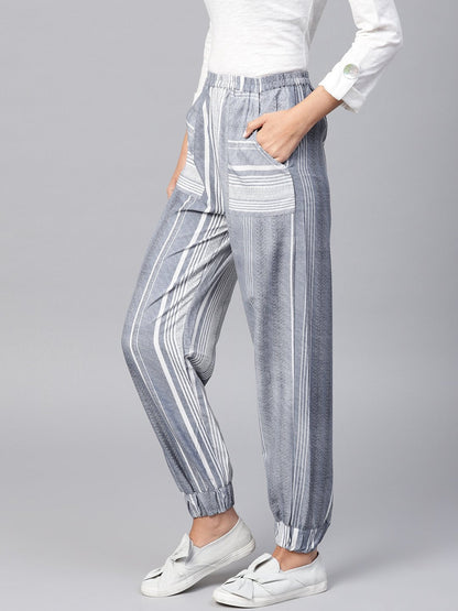 Women's Grey Striped Ankle Length Jogger With Elastic Band