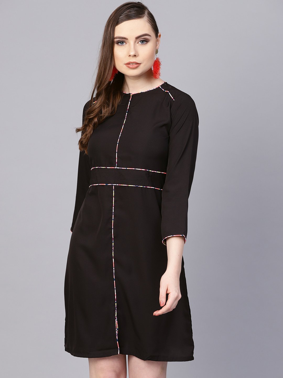 Women's Solid Black Dress With Printed Piping & Round Neck