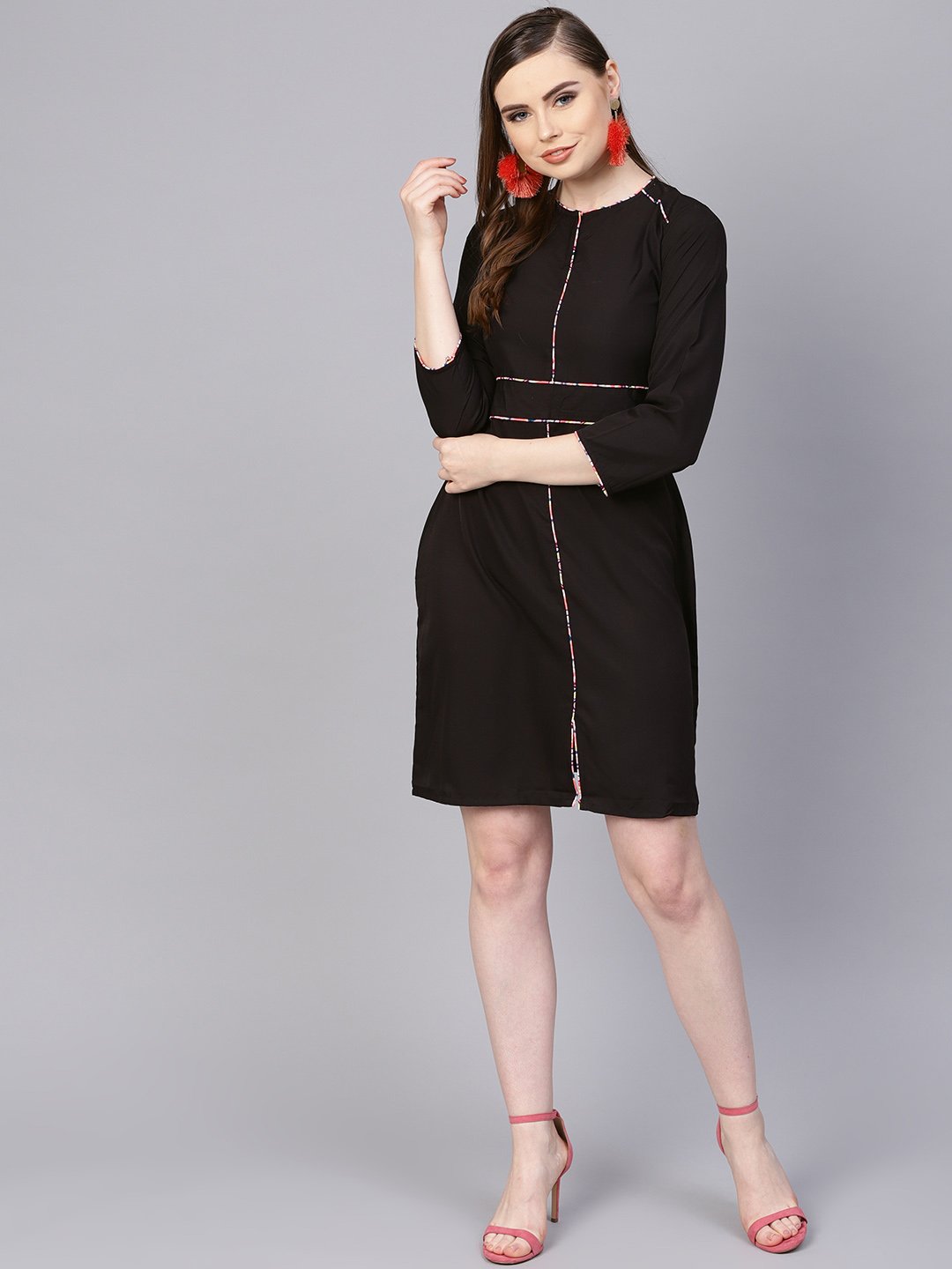 Women's Solid Black Dress With Printed Piping & Round Neck