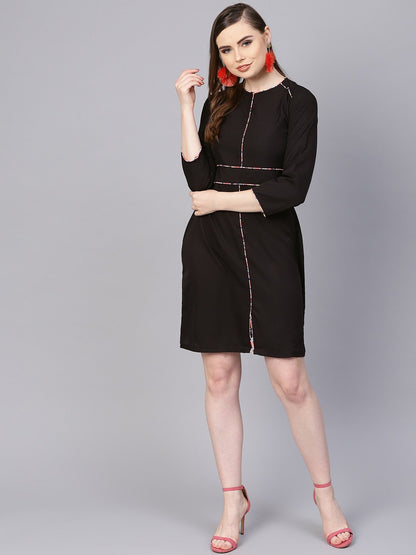 Women's Solid Black Dress With Printed Piping & Round Neck