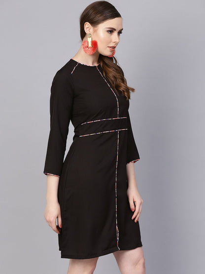 Women's Solid Black Dress With Printed Piping & Round Neck