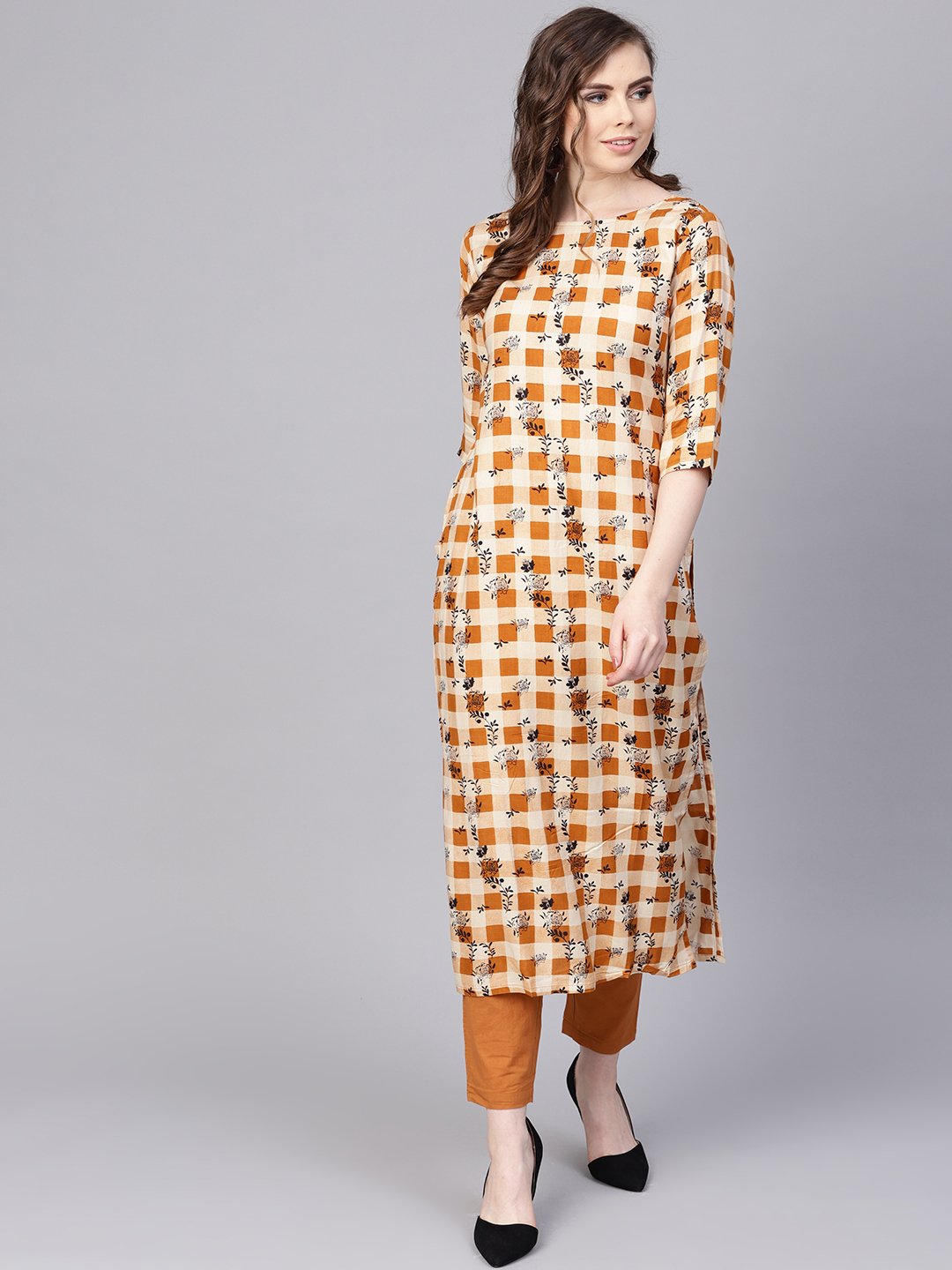 Women's Camel  Brown Checked With Florals Kurta Set With Solid Palazzo