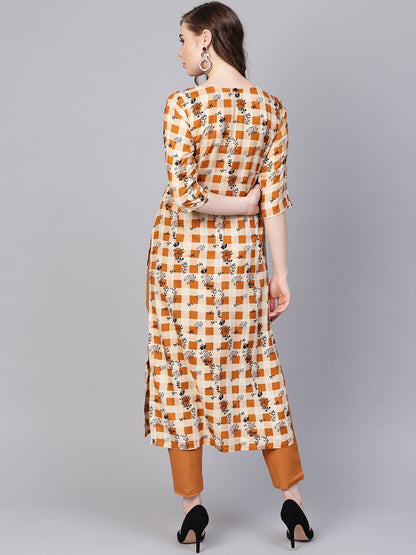 Women's Camel  Brown Checked With Florals Kurta Set With Solid Palazzo