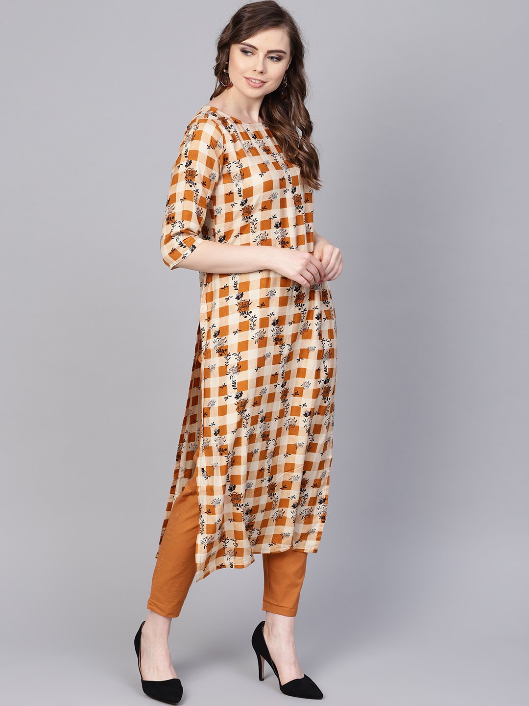Women's Camel  Brown Checked With Florals Kurta Set With Solid Palazzo