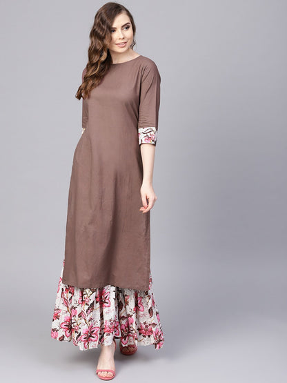Women's Solid Coffee Brown 3/4Th Sleeve Cotton Kurta With Printed Floral Sharara