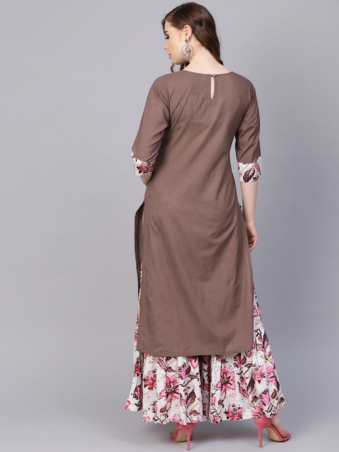 Women's Solid Coffee Brown 3/4Th Sleeve Cotton Kurta With Printed Floral Sharara