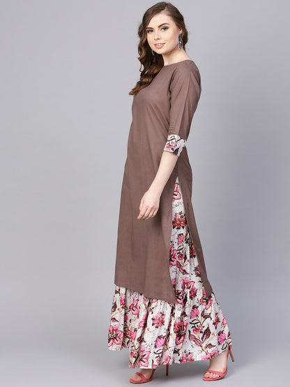 Women's Solid Coffee Brown 3/4Th Sleeve Cotton Kurta With Printed Floral Sharara
